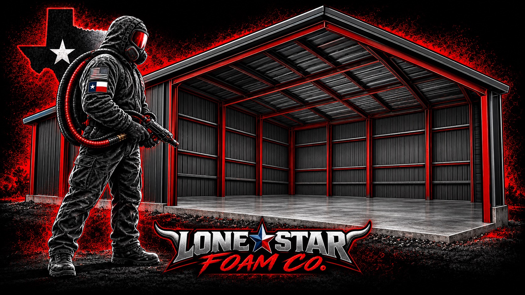 Illustration: open metal building frame with bare roof and wall panels.
