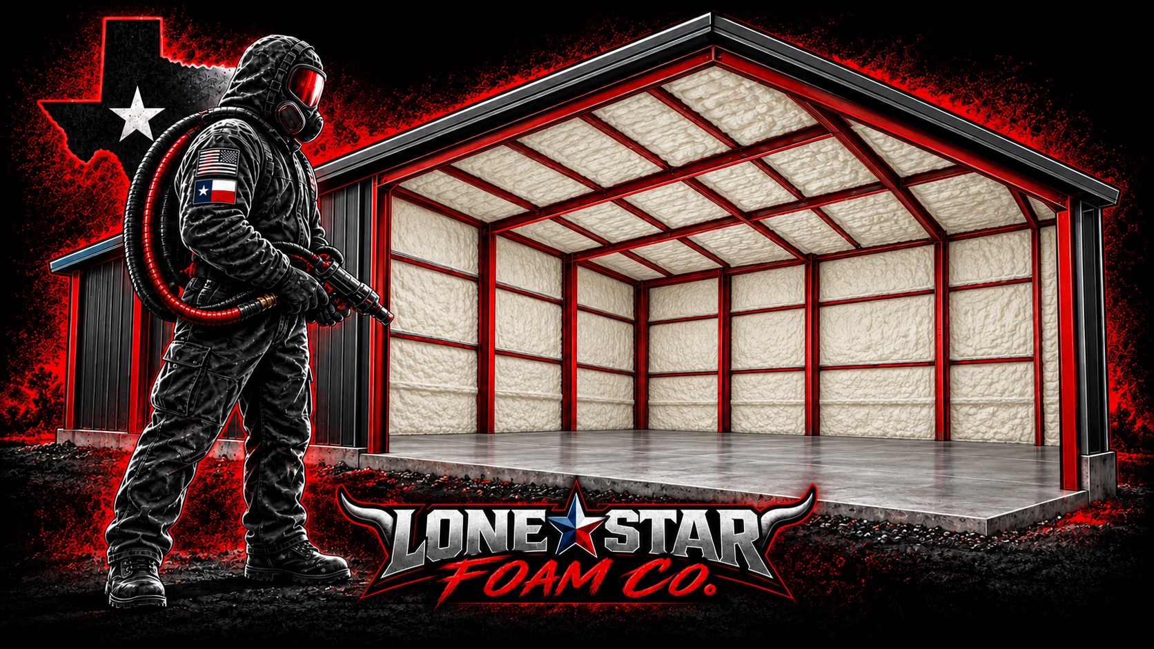 Illustration of a metal building frame with spray foam on the roof and wall panels, beside a technician in protective gear and the Lonestar Foam Co. logo.